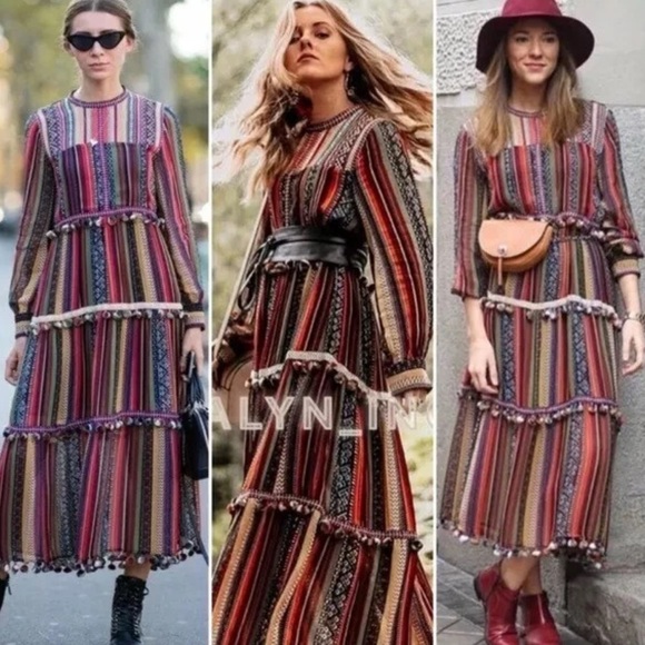 Zara Boho Long Striped eclectic pompom dress Bloggers Celebs Halle Berry NWT SM - Picture 1 of 12